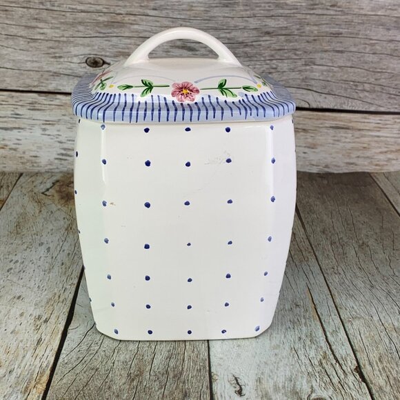 CasaFine Hand Painted Blue Polka Dot Butterfly Pink Flower Canister Jar Portugal - Picture 3 of 10